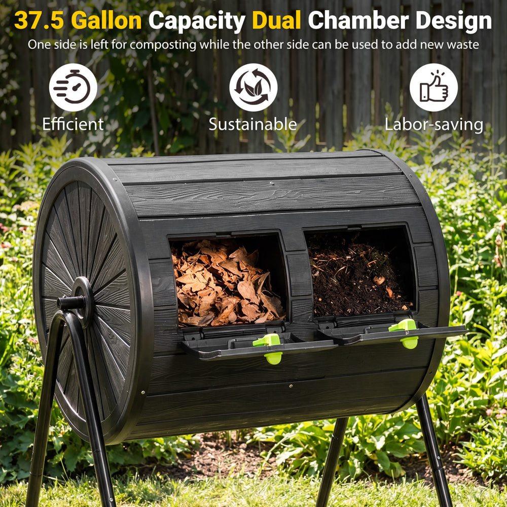 Dual chamber compost tumbler with 37.5-gallon capacity, efficient design for sustainable outdoor composting.