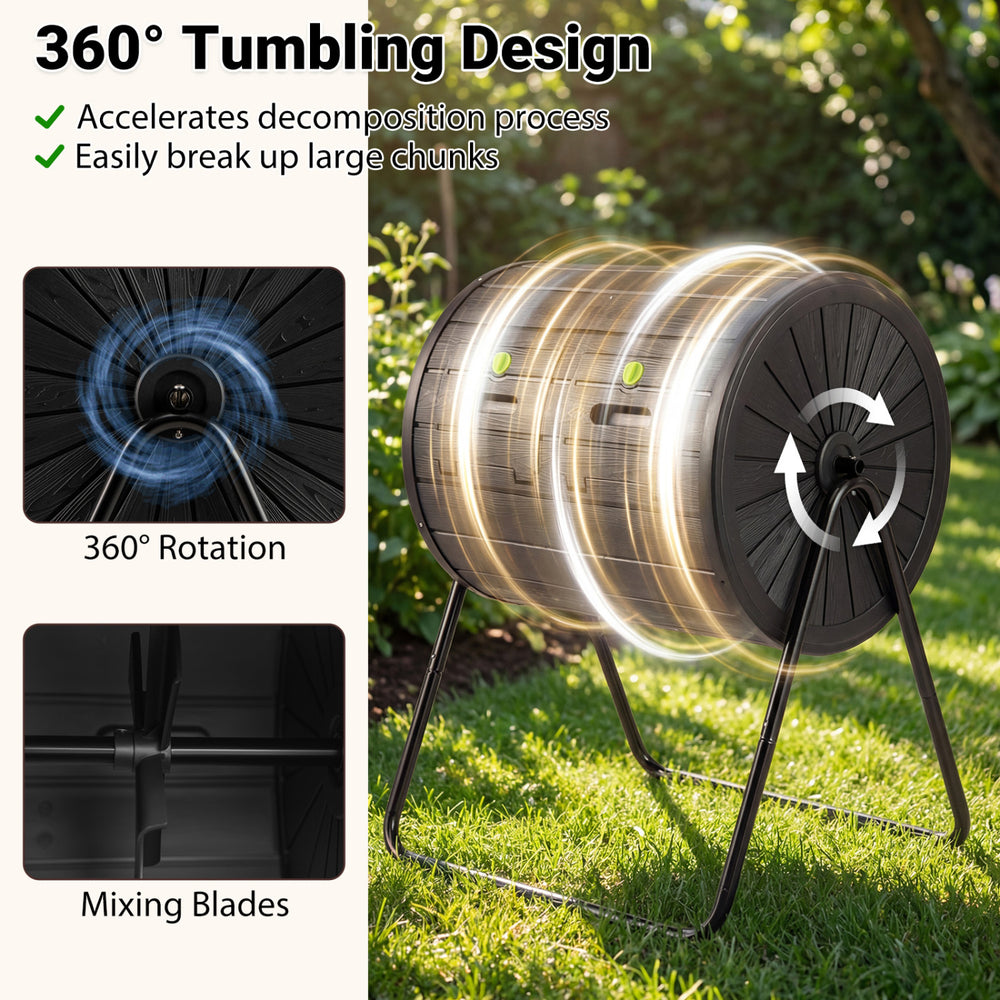 Compost tumbler with dual chambers and 360° rotation for efficient composting, made of durable BPA-free PP material.