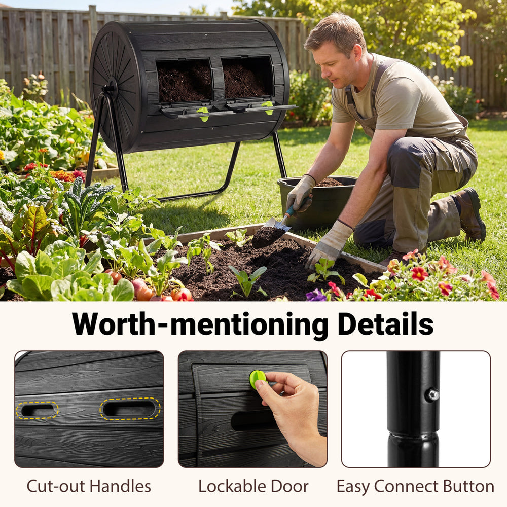Compost tumbler with dual chambers, 37.5-gallon capacity, lockable doors, and easy 360° rotation for efficient.