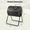 Compost tumbler with dual chambers, 37.5-gallon capacity, and dimensions 36" x 28" x 25", ideal for outdoor composting.