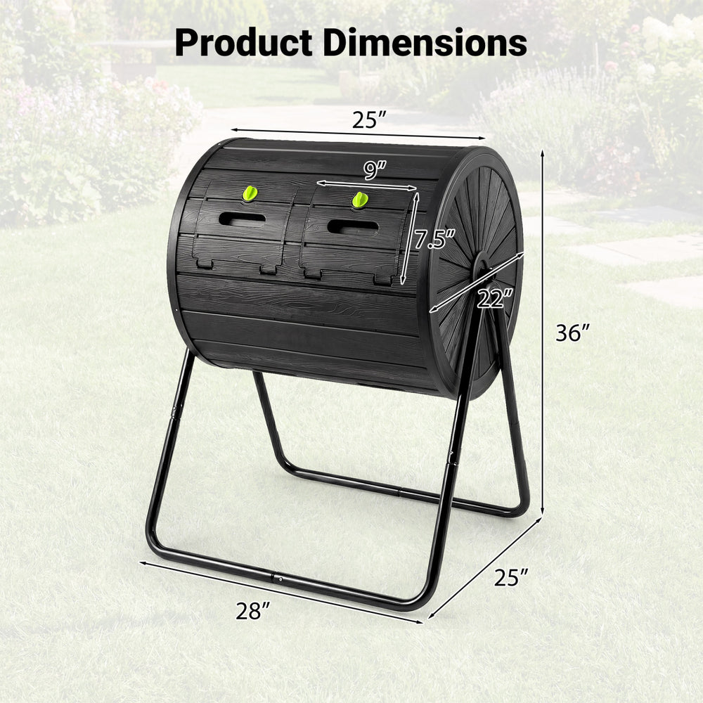Compost tumbler with dual chambers, 37.5-gallon capacity, and dimensions 36" x 28" x 25", ideal for outdoor composting.