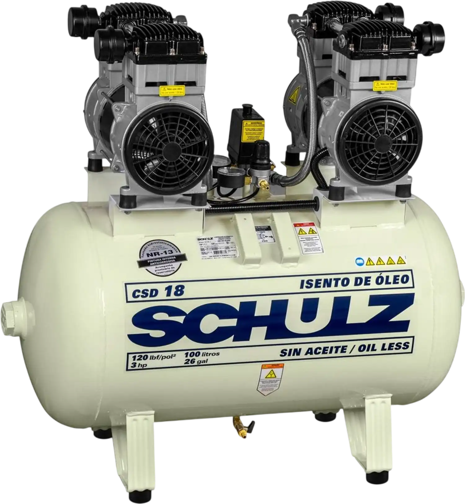 Schulz Oil Less Air Compressor 2 x 1.5 HP 30 gal. Single Stage 230V 1-Phase Horizontal CSD 18/30 New