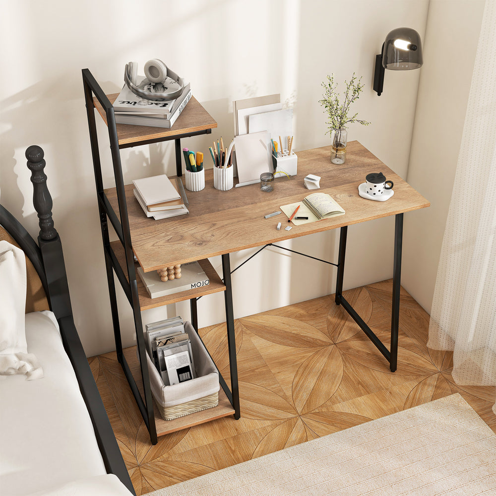 Compact computer desk workstation with natural wood finish and 4-tier shelves, ideal for home and office organization.