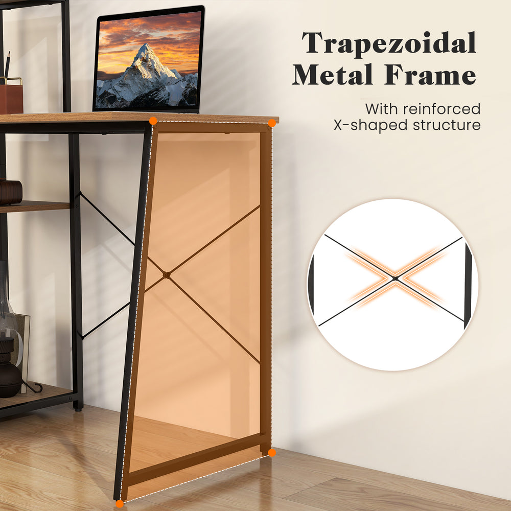 Compact computer desk featuring a trapezoidal metal frame and X-shaped structure for enhanced stability and support.