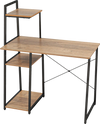 Compact computer desk workstation with natural wood finish and 4 tier shelves, ideal for home and office organization.