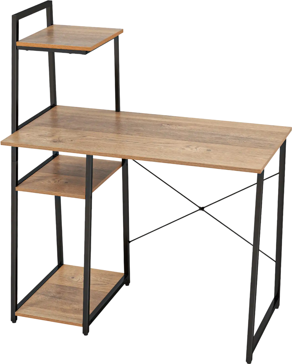Compact computer desk workstation with natural wood finish and 4 tier shelves, ideal for home and office organization.