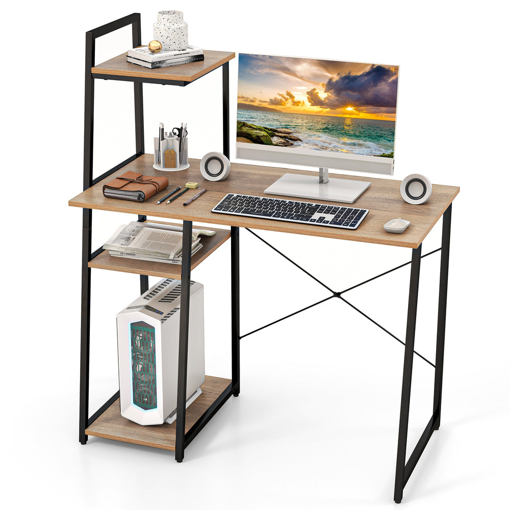 Compact computer desk workstation with natural wood finish and metal frame, featuring 4 tier shelves for home office.