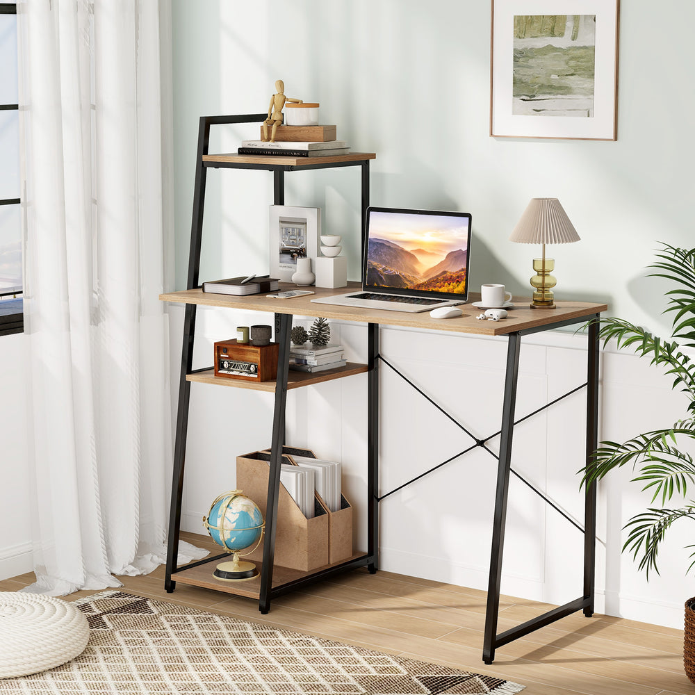 Compact computer desk workstation in natural finish with 4 tier shelves, ideal for home and office organization.