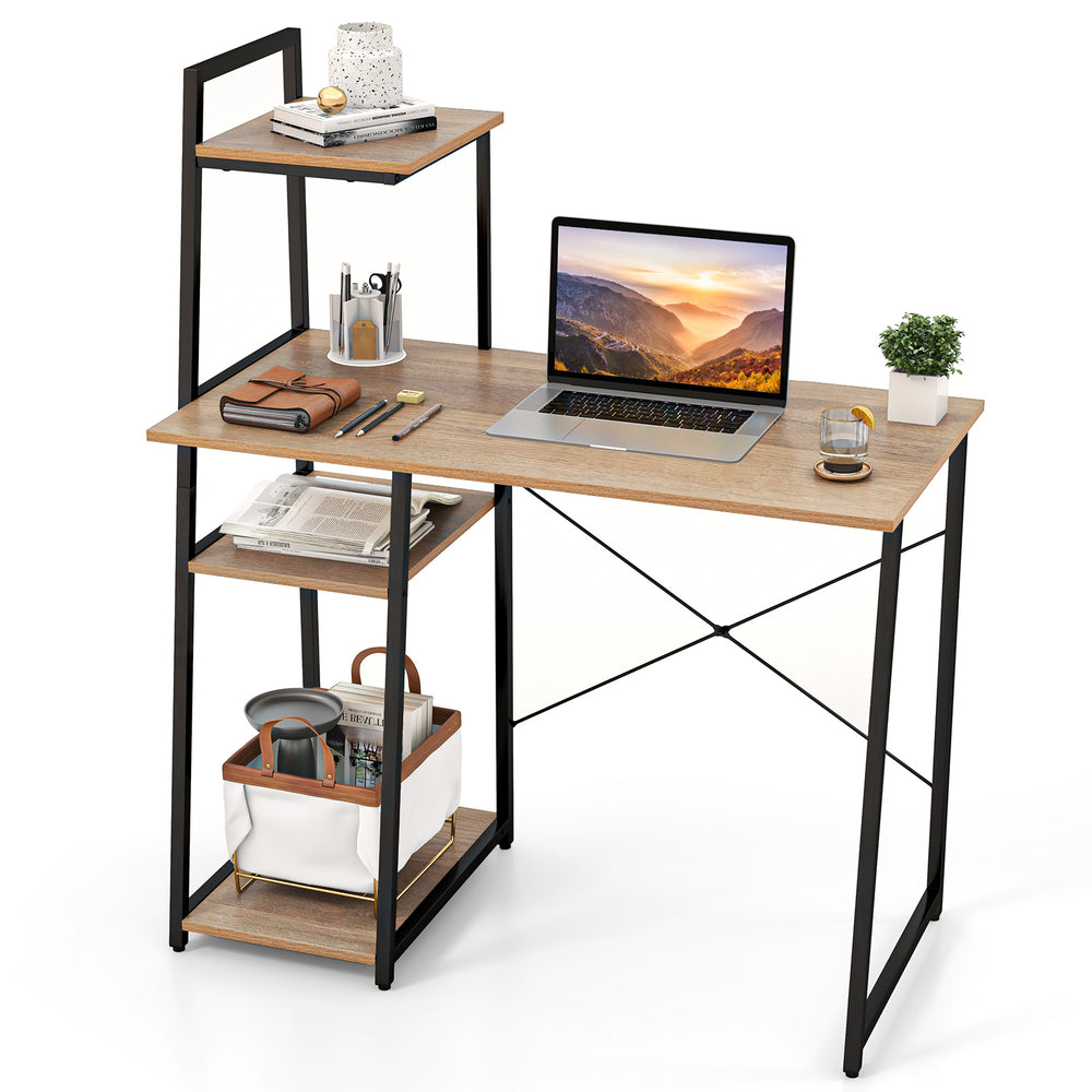Compact computer desk workstation with 4 tier shelves, natural finish, ideal for home and office organization.