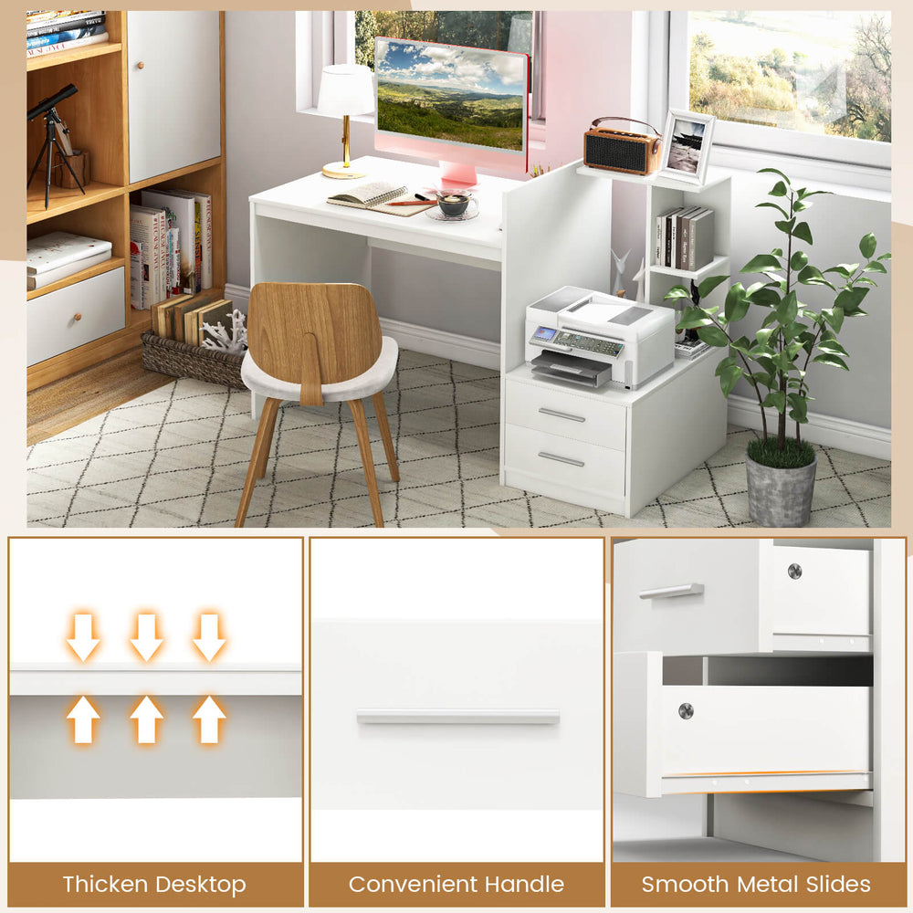 Computer desk with bookshelf and drawers in white, featuring a thick desktop and convenient handle for home office use.