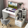 Computer desk in white with modern design, featuring a wide desktop and corner bookshelf for efficient workspace.