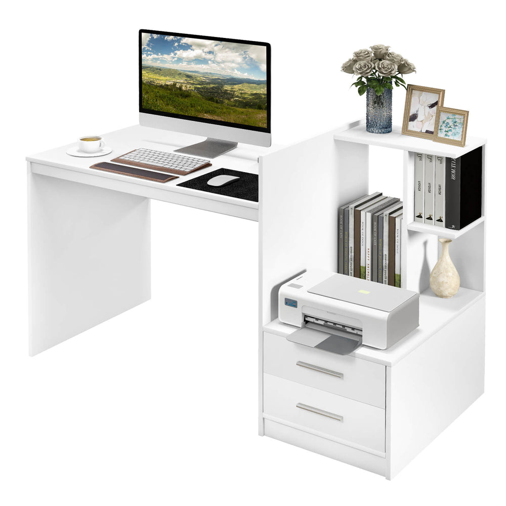 White computer desk with corner bookshelf and drawers, perfect for home office or study, featuring a wide desktop for.