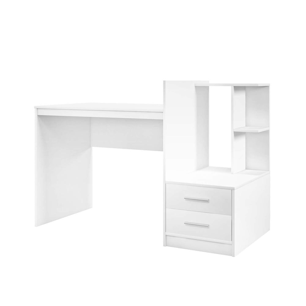 White computer desk with corner bookshelf and two drawers, perfect for home office or study use.