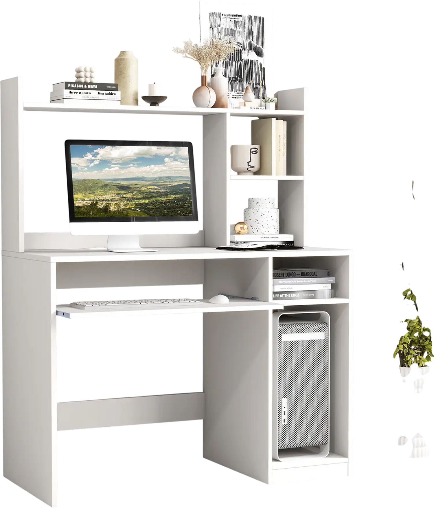 Costway Home Office Computer Desk with Bookcase Keyboard Tray CPU Stand White 31958420 New