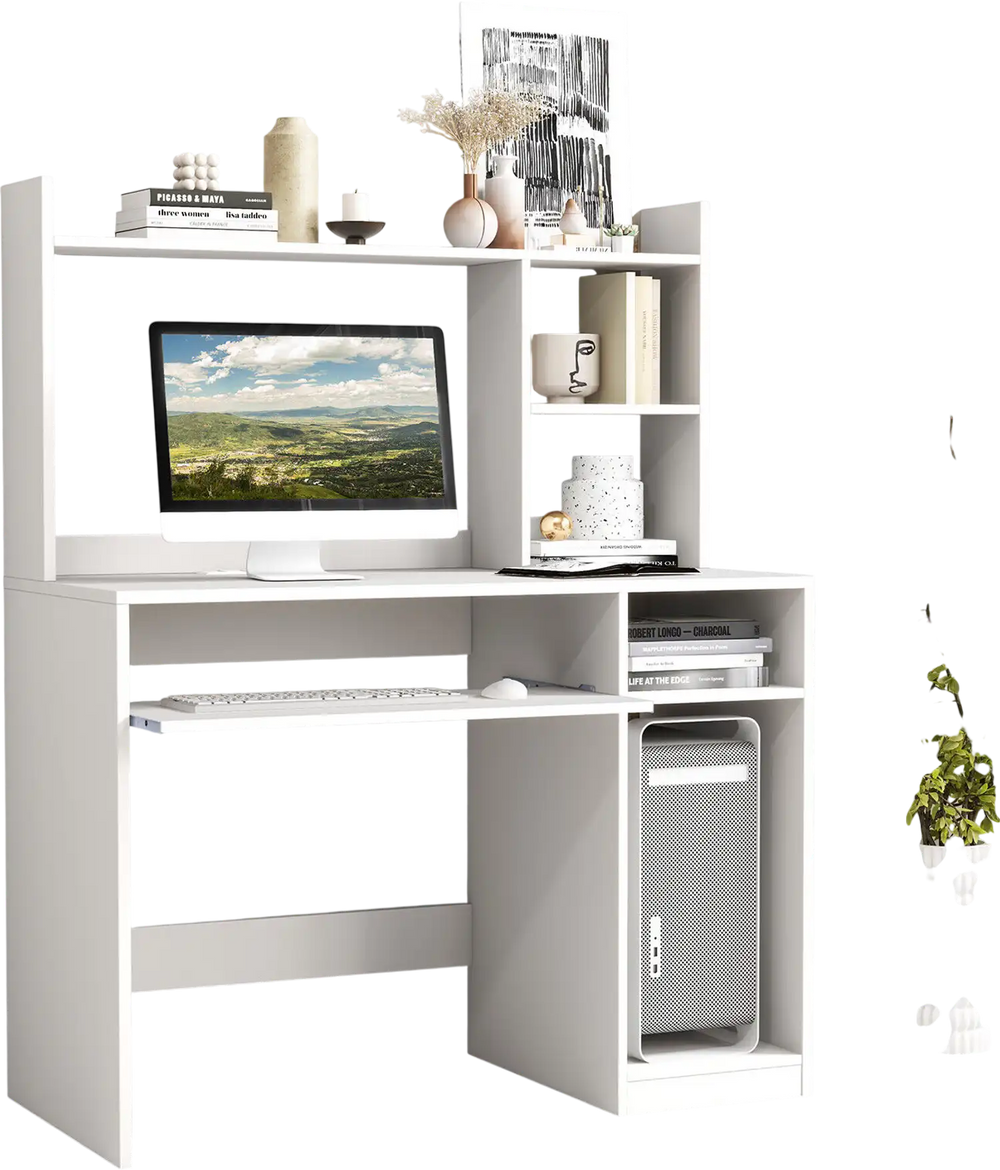 Home office computer desk in white with bookcase, keyboard tray, and CPU stand, ideal for organized workspace.