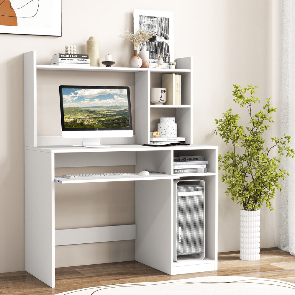 Home Office Computer Desk with Bookcase Keyboard Tray and CPU Stand-White - Gallery View 1 of 10
