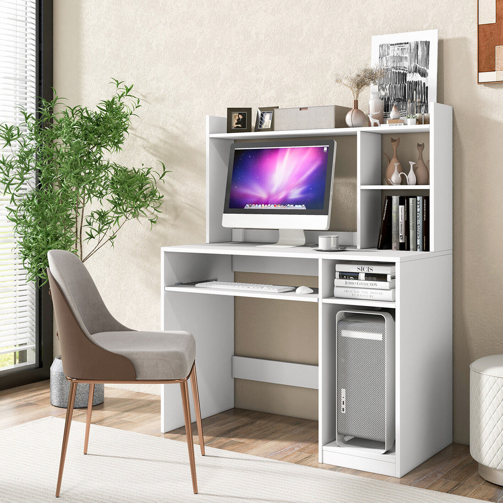 White home office computer desk with hutch and keyboard tray, showcasing a stylish design for efficient workspace.