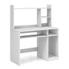 White home office computer desk with bookcase, keyboard tray, and CPU stand, featuring power outlets and USB ports.