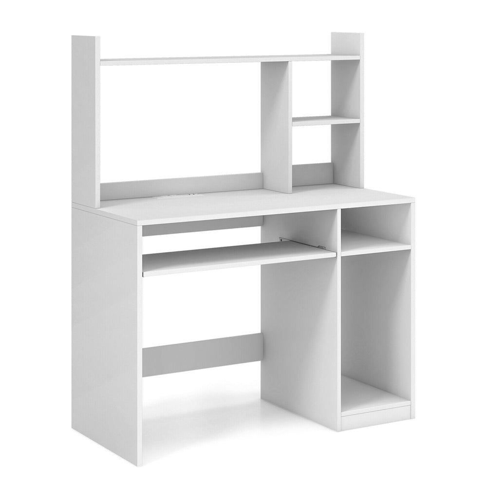 White home office computer desk with bookcase, keyboard tray, and CPU stand, featuring power outlets and USB ports.