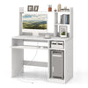 Home office computer desk in white with bookcase, keyboard tray, and CPU stand for organized workspace.