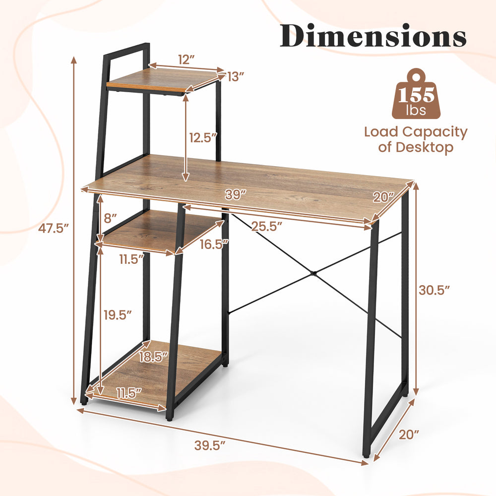 Compact computer desk workstation with 4 tier shelves, featuring a natural finish and sturdy metal structure for home.
