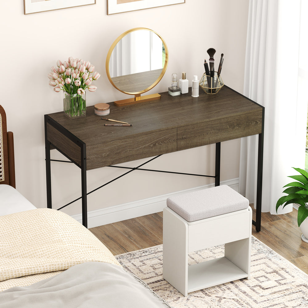 Computer desk with 2 drawers in oak finish, featuring a metal frame and X-shaped support, ideal for home office use.