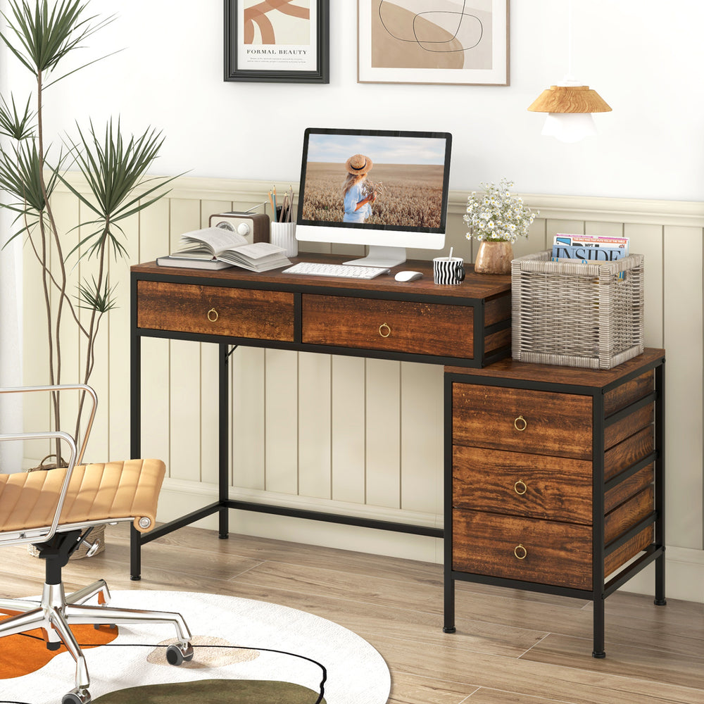 Computer Desk with 5 Drawers Home Office Desk with Side File Cabinet-Rustic Brown - Gallery View 1 of 9