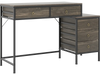 Computer desk with grey wood finish and black metal frame, featuring 5 drawers for ample storage and workspace.