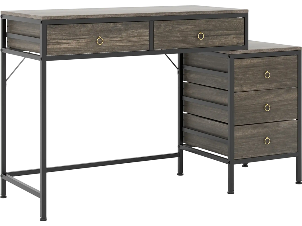 Computer desk with grey wood finish and black metal frame, featuring 5 drawers for ample storage and workspace.