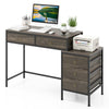 Computer desk with grey wood finish, 5 drawers, and black metal frame, ideal for home office workspace.