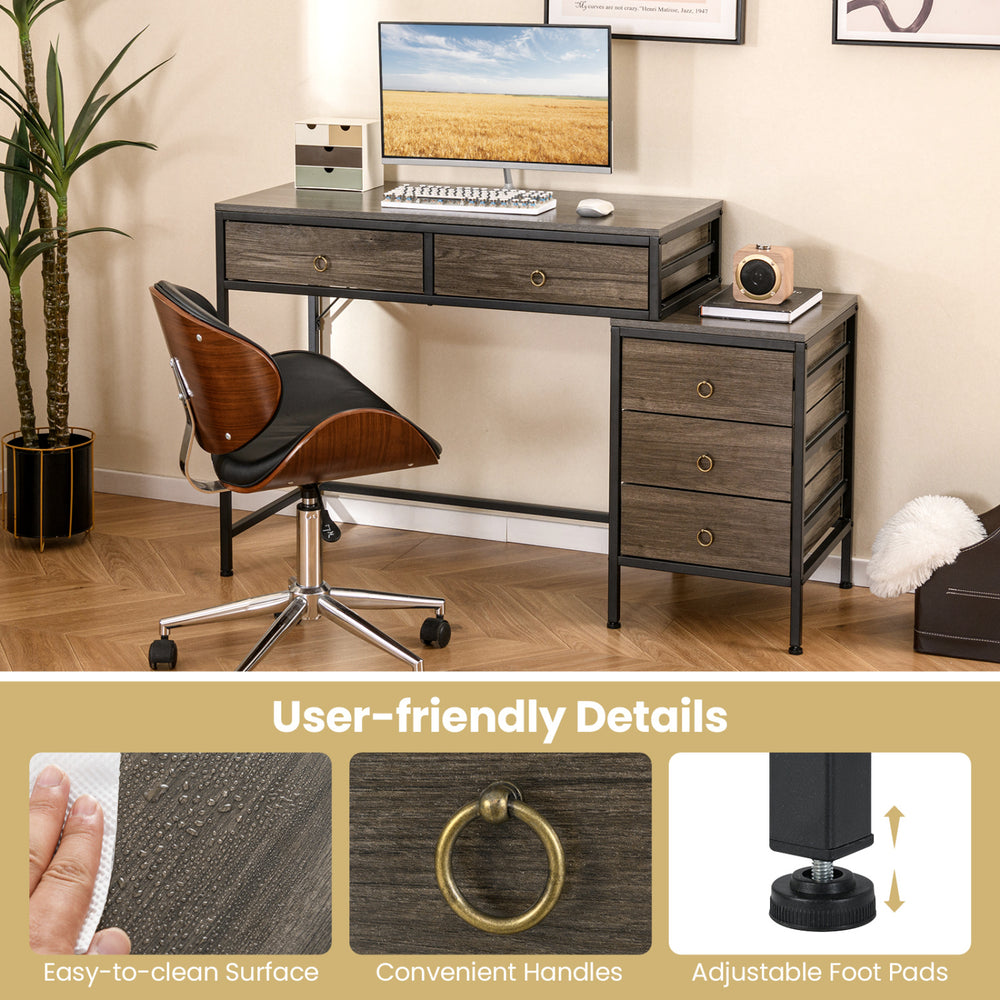 Computer desk with grey wood grain finish, 5 drawers, and adjustable foot pads for home office organization.