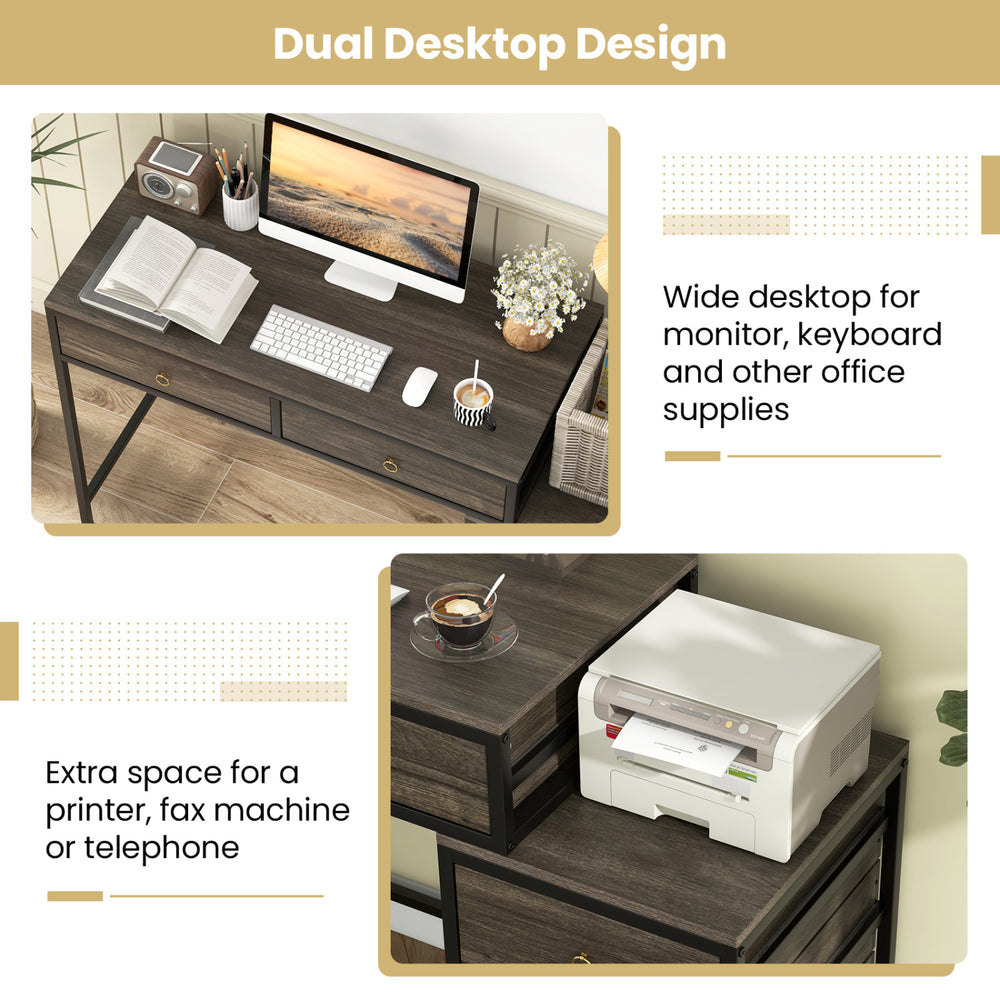 Computer desk with wide desktop and side file cabinet in grey, featuring 5 drawers for ample storage and industrial.