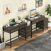 Computer desk with grey wood finish and black metal frame, featuring 5 drawers for ample storage in a home office setup.