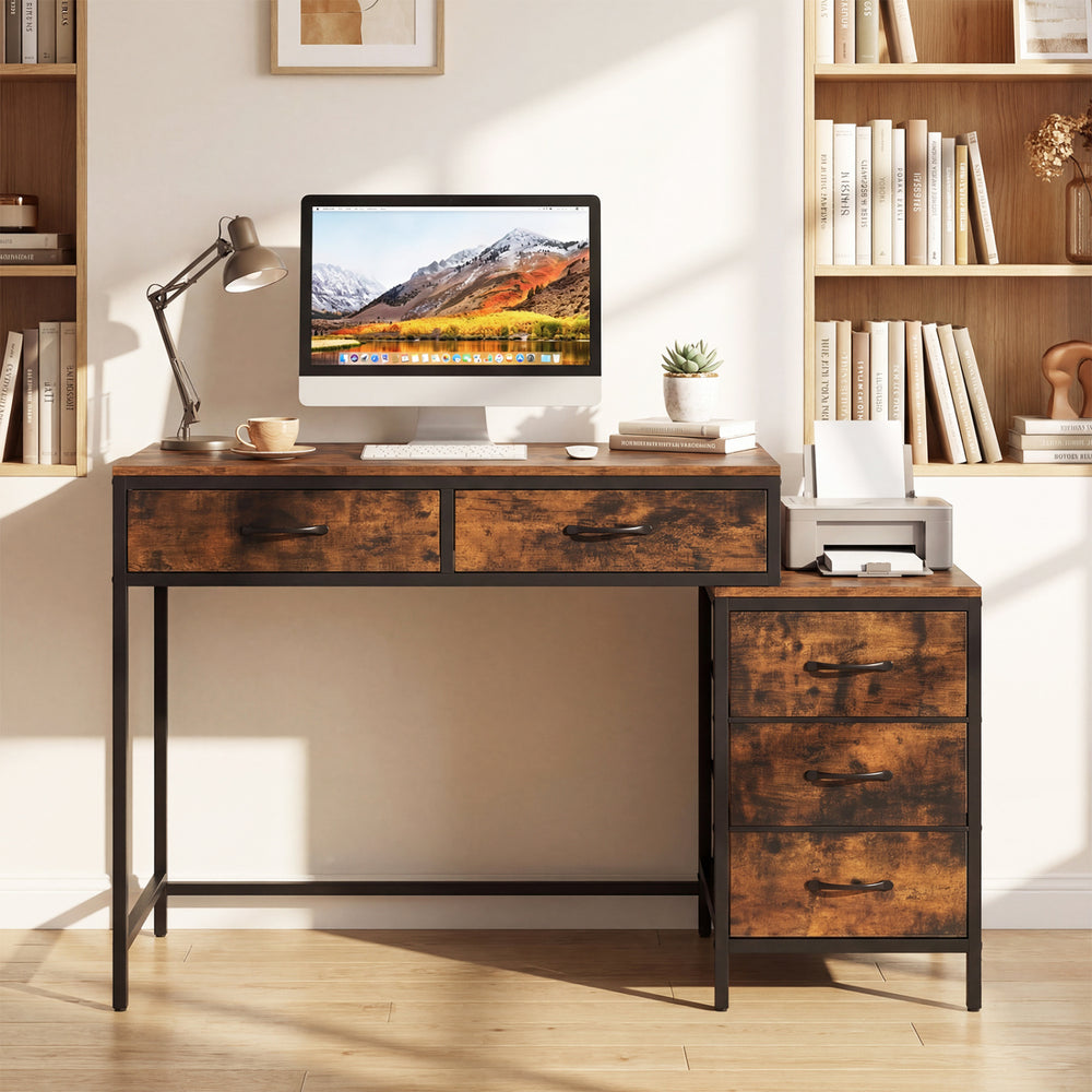 Computer Desk with 5 Drawers and Printer Stand for Bedroom and Small Spaces-Rustic Brown - Gallery View 1 of 11