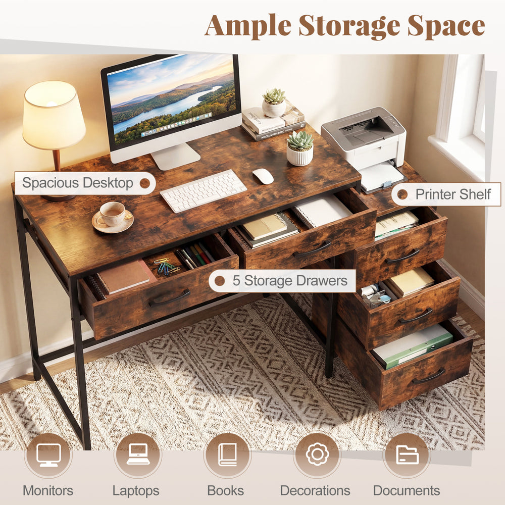 Computer desk in rustic brown with 5 storage drawers and printer shelf, ideal for small spaces and organized work.