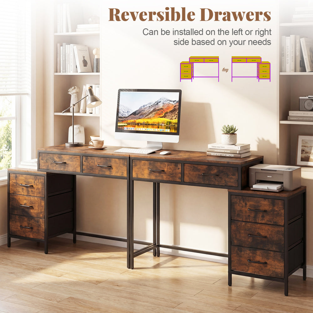 Computer desk with 5 drawers in rustic brown, featuring reversible drawers and a printer stand for versatile workspace.