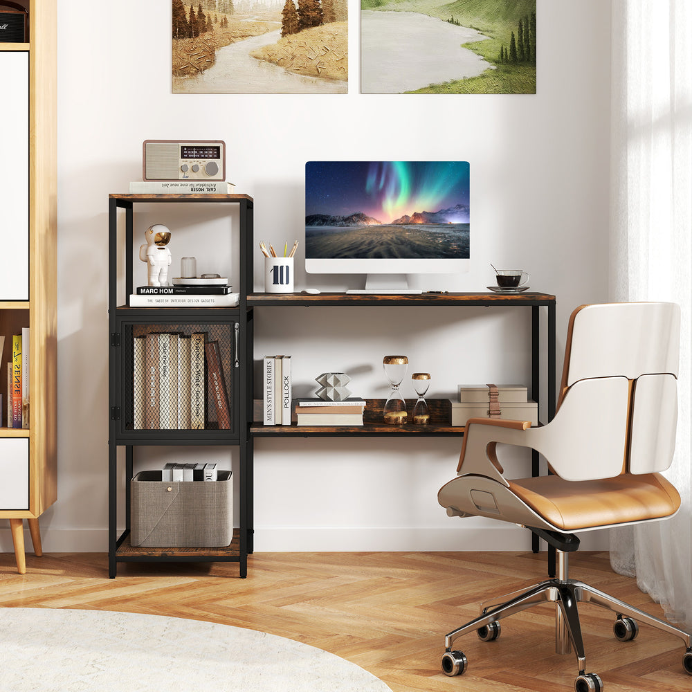Computer desk with bookshelf in rustic brown, showcasing under-desk storage shelf and industrial-style mesh cabinet.