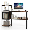 Computer desk with bookshelf in rustic brown, featuring open shelves and a mesh storage cabinet for home office.