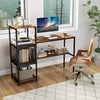 Computer desk with bookshelf in rustic brown, featuring an under-desk shelf and mesh storage cabinet for home office.