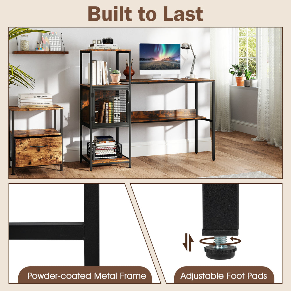 Computer desk with bookshelf in rustic brown, featuring a powder-coated metal frame and adjustable foot pads for.