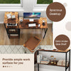 Computer desk with rustic brown finish, spacious surface, and under-desk shelf for organized home office storage.
