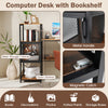 Computer desk with bookshelf in rustic brown, featuring open shelves and a mesh storage cabinet for organized workspace.