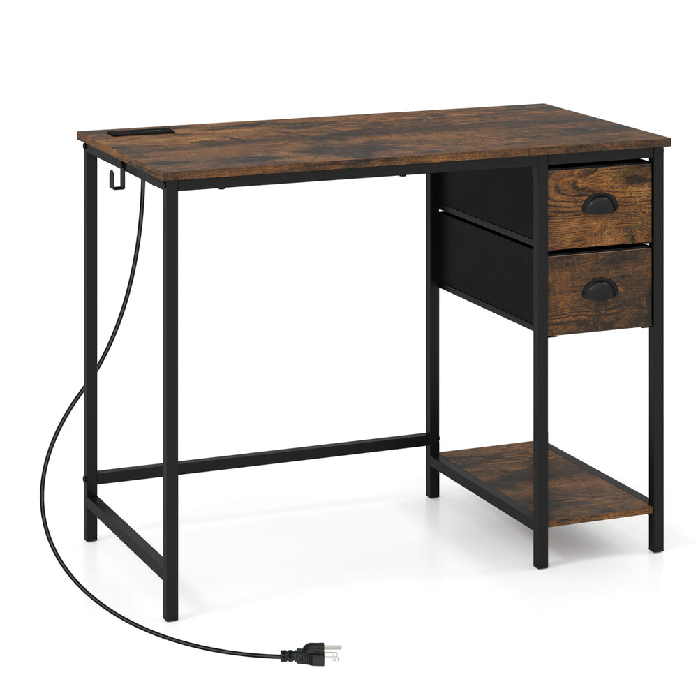 Computer desk in rustic brown with charging station, two fabric drawers, and metal frame for small spaces.