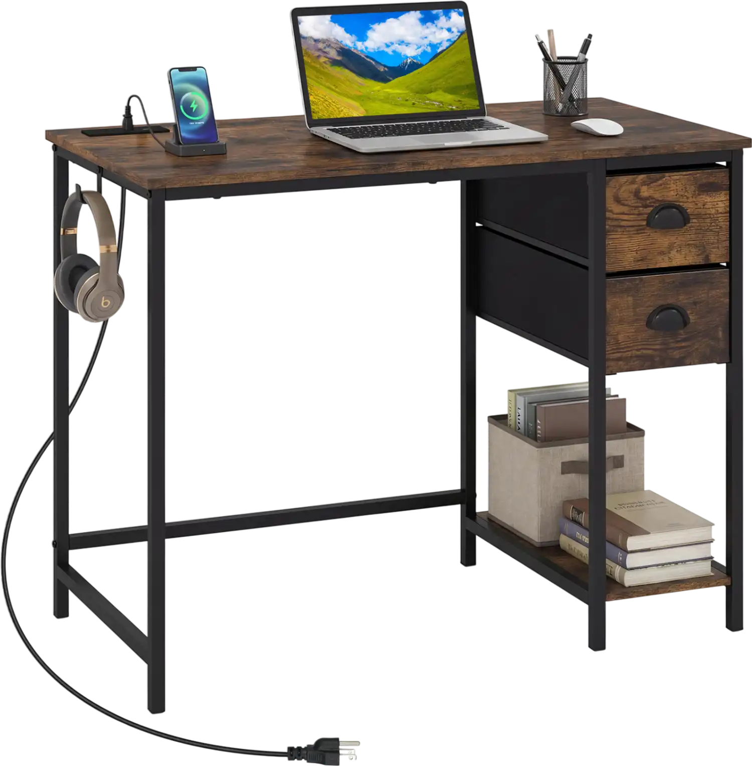 Costway Computer Desk Charging Station 2 Fabric Drawers Small Spaces 28068844 New
