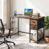 Computer desk in rustic brown with a spacious tabletop and convenient headphone hook, ideal for small spaces.