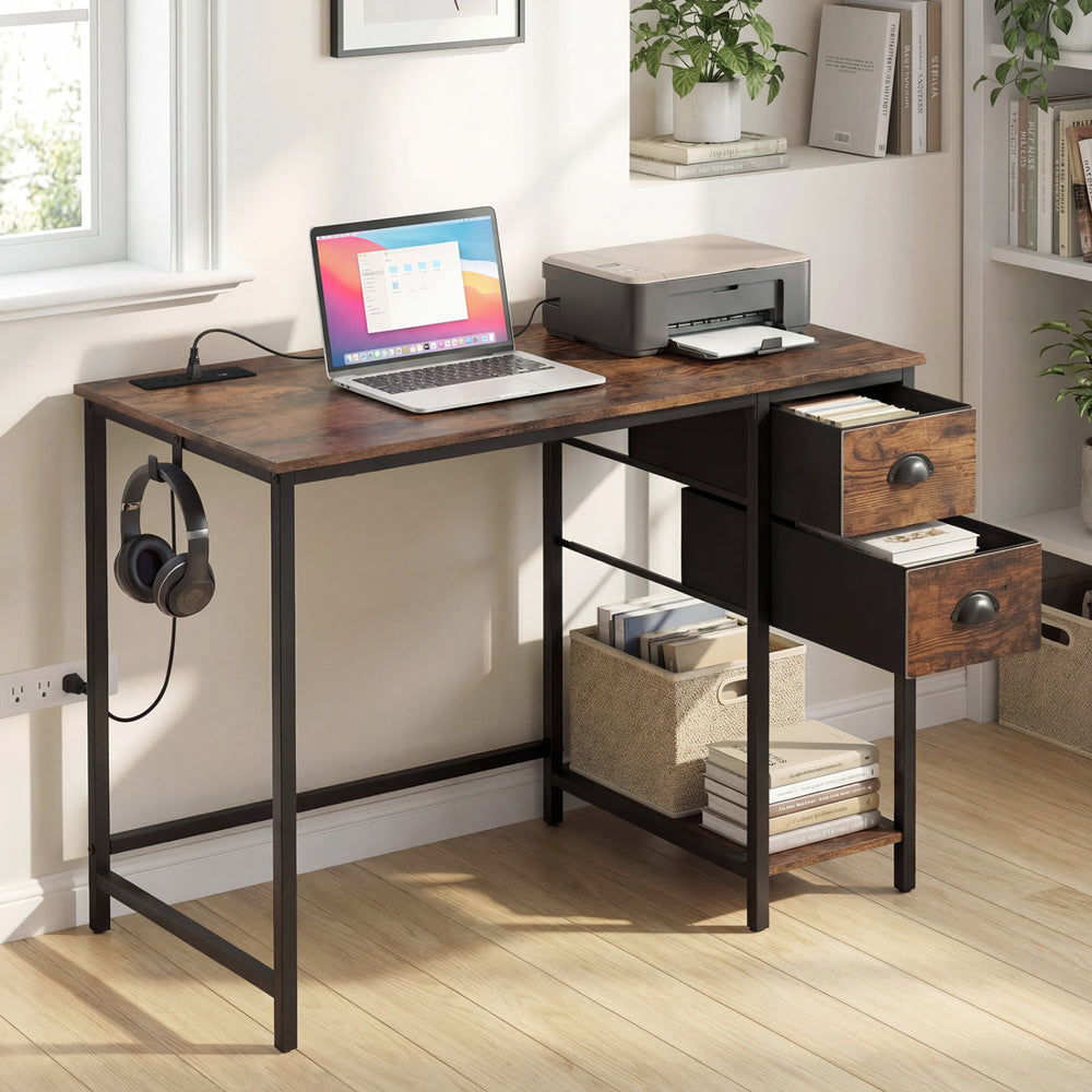 Computer desk featuring a headphone hook and bottom shelf, enhancing organization and accessibility in rustic brown.