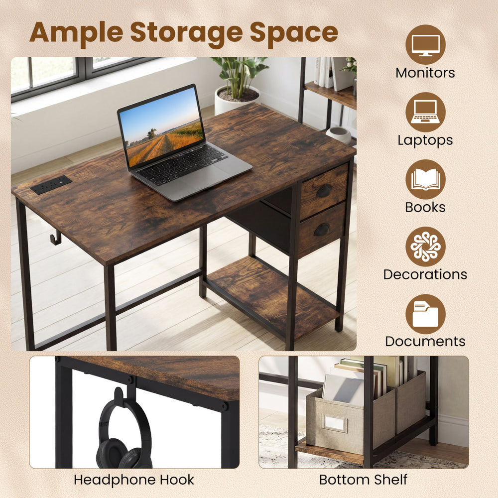 Computer desk in rustic brown with charging station, two fabric drawers, and ample storage for small spaces.