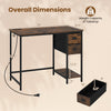 Computer desk with rustic brown finish, featuring a charging station, two fabric drawers, and ample storage for small.