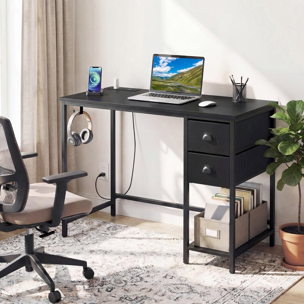 Computer Desk with Charging Station and 2 Fabric Drawers for Small Spaces-Black - Gallery View 1 of 11