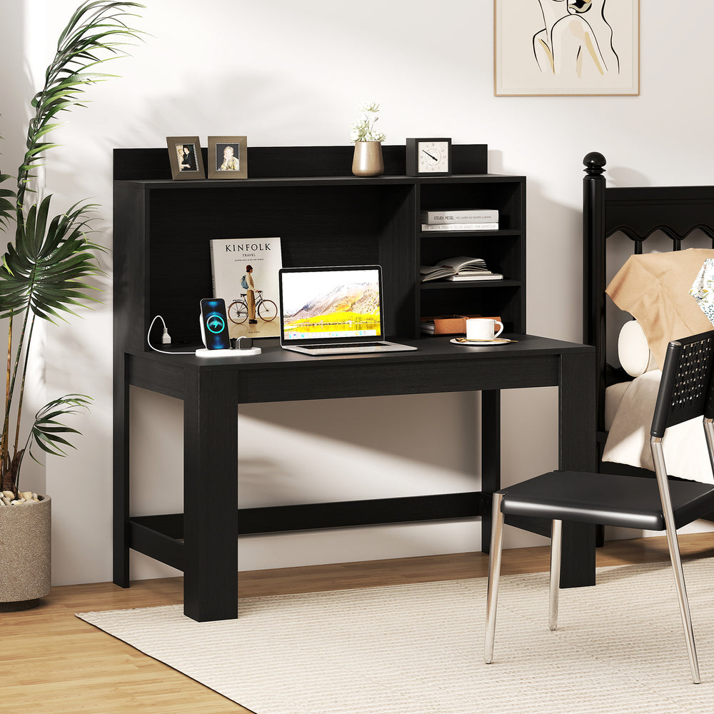Modern black computer desk with hutch, showcasing raised display shelf for enhanced organization and sleek, stable.